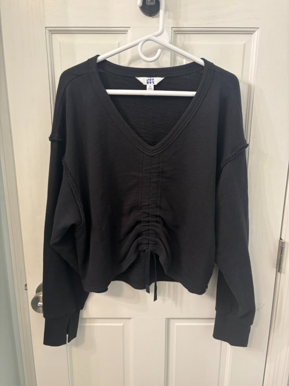JoyLab Black V Neck Ruched Drawstring Cropped Sweatshirt - Medium